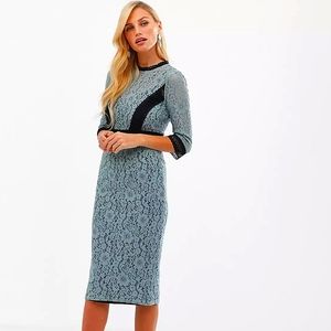 Little Mistress long sleeve lace contrast trim pencil midi dress BLUE/GR…